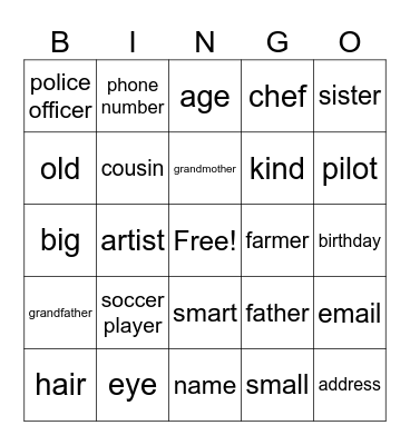 We are a Family Bingo Card