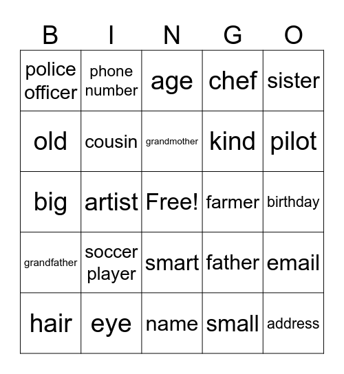 We are a Family Bingo Card