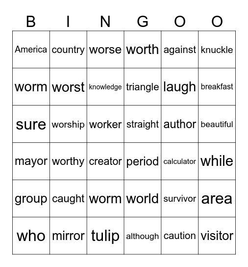 Word Practice Bingo Card