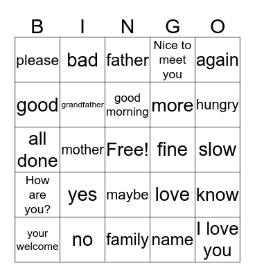 American Sign Language Bingo Card