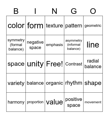 Principles and Elements of Art  Bingo Card