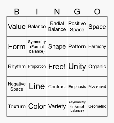 Elements and Principles of Art Bingo Card