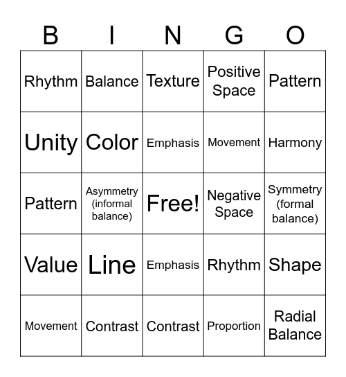 Elements and Principles Bingo Card