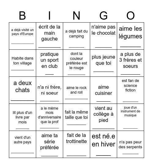 Trouve quelqu'un d'une autre classe qui... Bingo Card