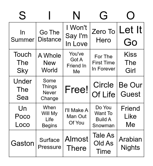 Singo - Disney Bingo Card