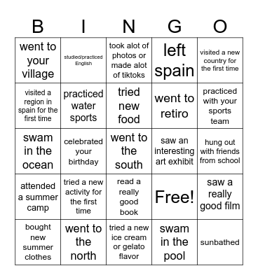 Summer Bingo Card