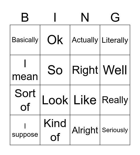 Spoken Language Filler Bingo Card