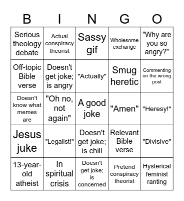 Christian Meme Page Commenters Bingo Card