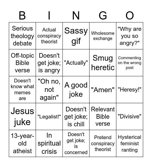 Christian Meme Page Commenters Bingo Card