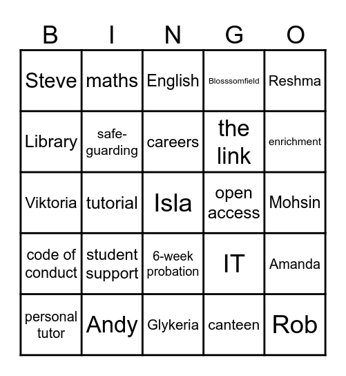 ESOL 16-19 Induction Bingo Card