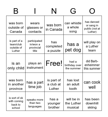 First Day Bingo Card