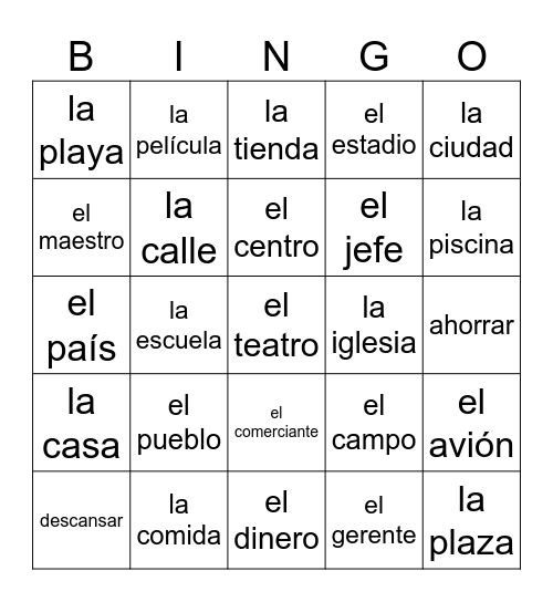 Spanish 1 Unit 4 The Town (some professions) Bingo Card