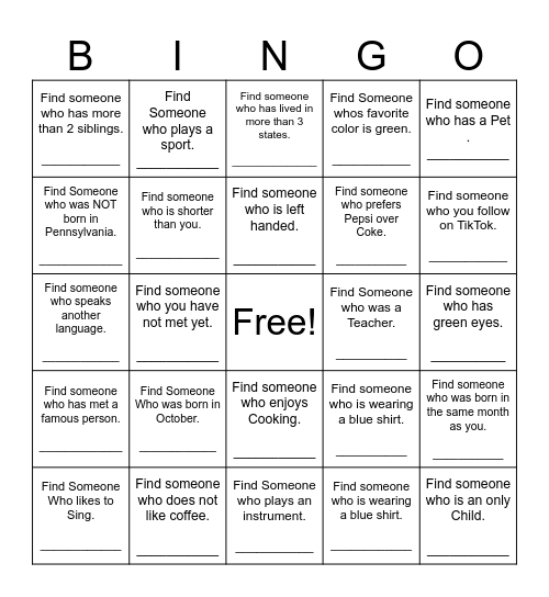 Find Someone Who Tamanend Style Bingo Card