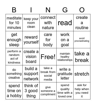 Mental Health Bingo Card