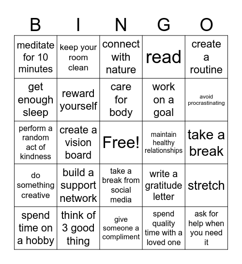 Mental Health Bingo Card