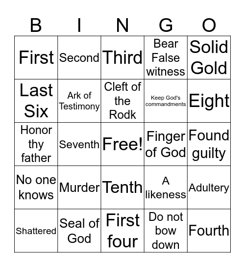 10 Commandments Bingo Card