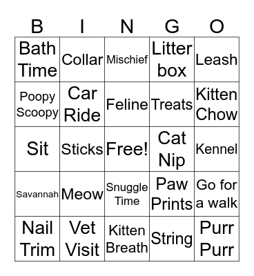 Kitten Shower Bingo Card