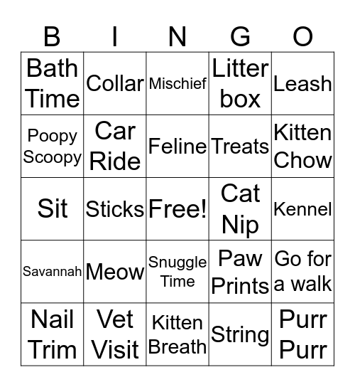 Kitten Shower Bingo Card