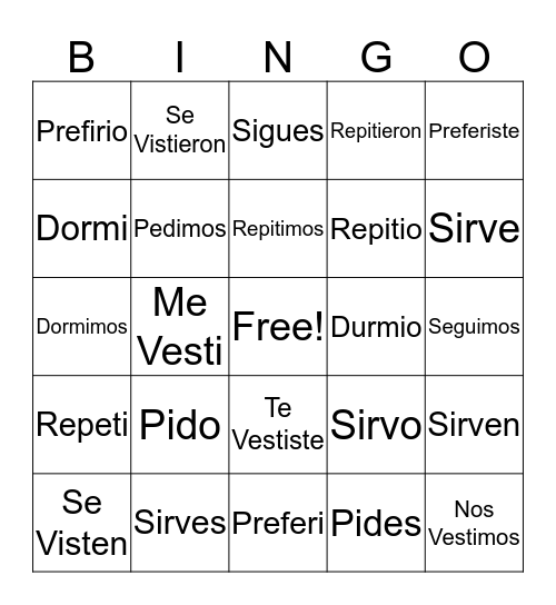 Ch. 4 Verbs Bingo Card