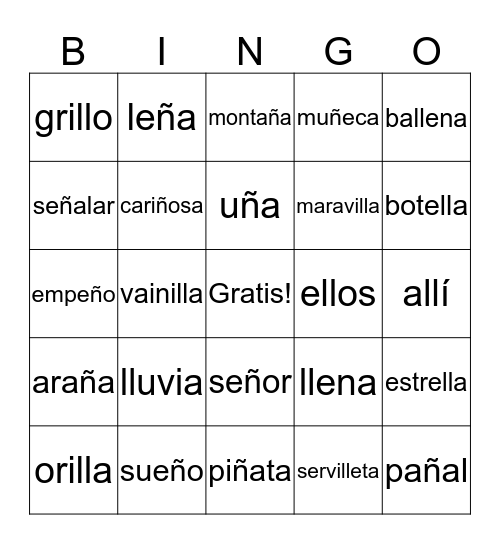 Sílabas lla, lle, lli, llo, llu, ña, ñe, ñi, ño, ñu ---Bingo Card