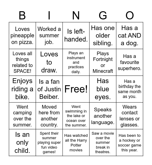 Get to know your peers! Bingo Card