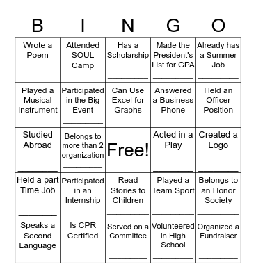 Skills Bingo Card