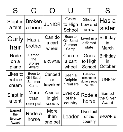 Welcome Back Girl Scout Troop 249 Bingo Card