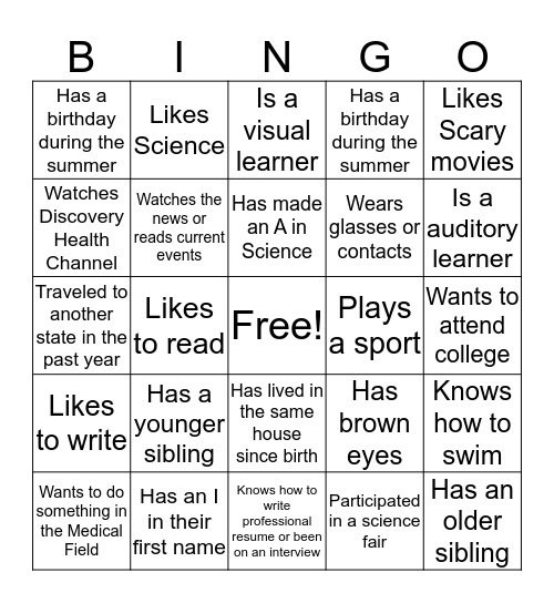 Ice breaker Bingo Card