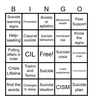 Suicide Prevention ; Bingo Card