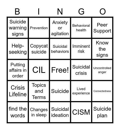 Suicide Prevention ; Bingo Card