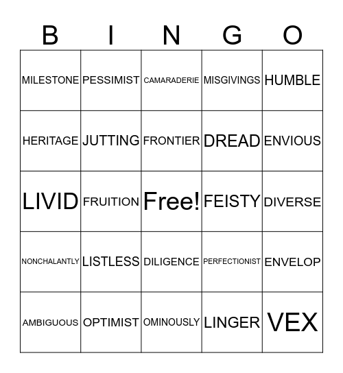 SAT VOCABULARY Bingo Card