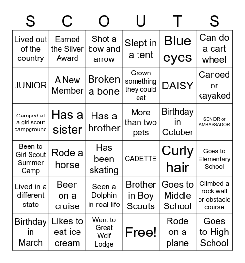 Welcome Girl Scout Troop 249 Bingo Card