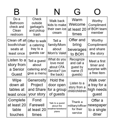 Service Bingo  Bingo Card
