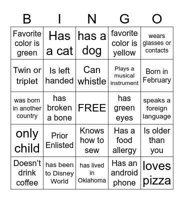 Characteristics Bingo Card