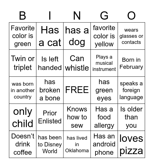 Characteristics Bingo Card