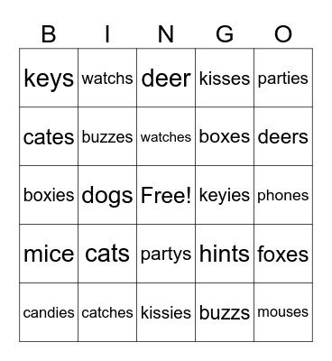Suffix -s, -es Bingo Card