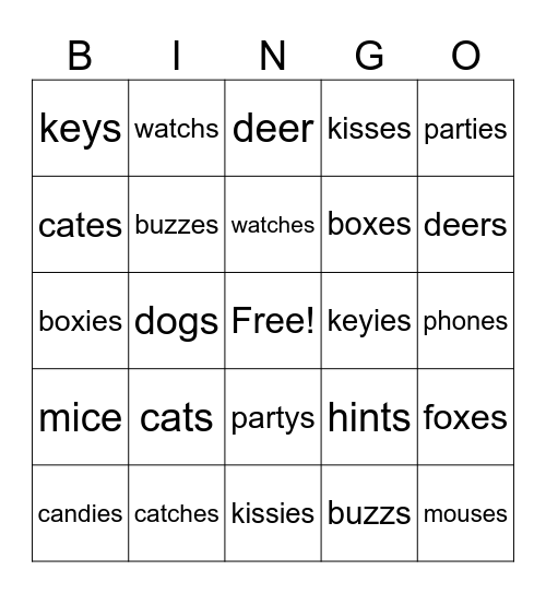 Suffix -s, -es Bingo Card