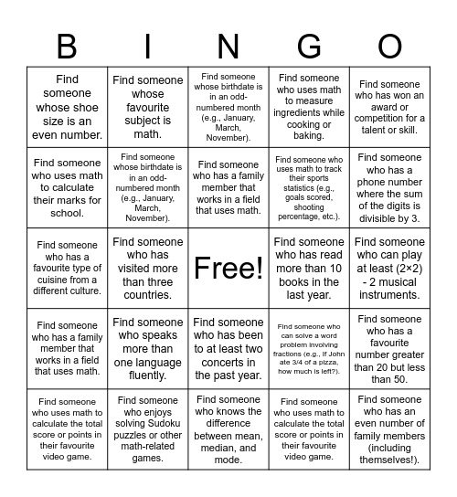 Math Bingo! Bingo Card