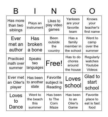 First Day of School Bingo Card