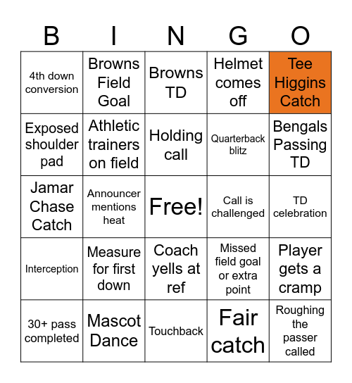 Bengals vs Browns Bingo Card