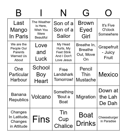 Jimmy Buffett Bingo Card