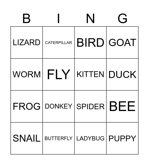 ANIMALS Bingo Card
