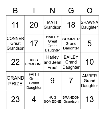 BAILEY FAMILY GAME Bingo Card