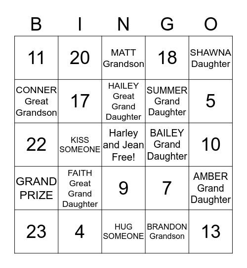 BAILEY FAMILY GAME Bingo Card
