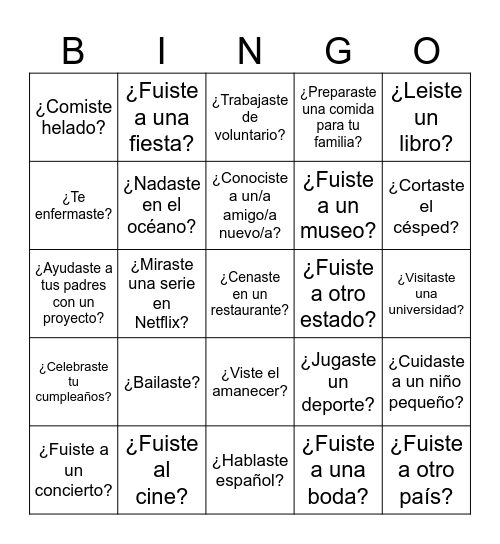 AP-El verano.   Habla con tus compañeros Bingo Card