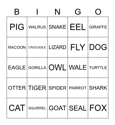 ANIMALS BINGO Card