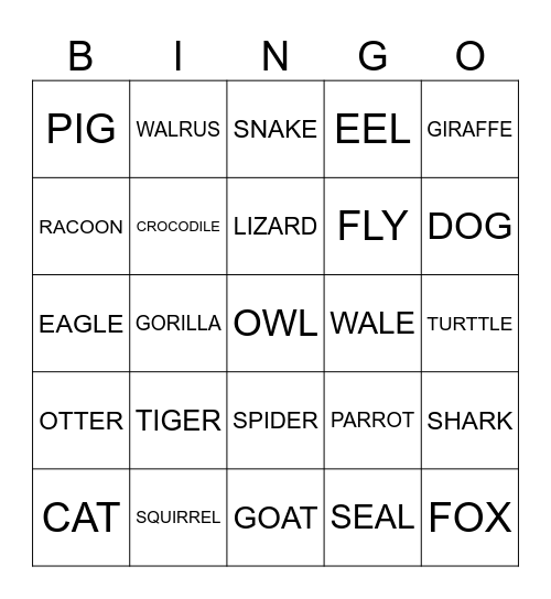 ANIMALS BINGO Card