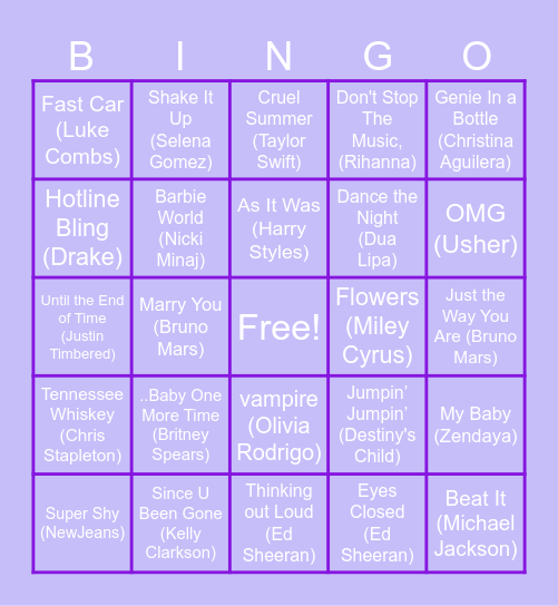 Song Bingo Card