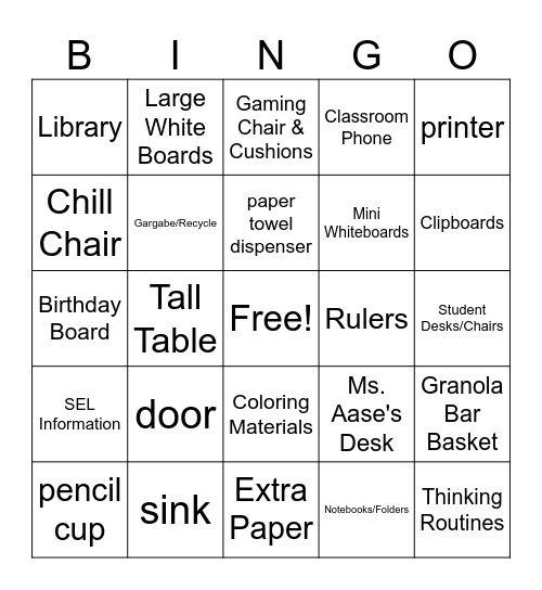 Classroom Bingo Card