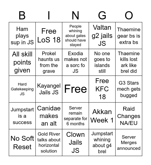 Jump Start Bingo Card